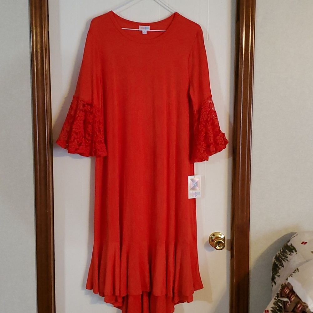 NWT Lularoe Solid Red Maurine Dress w/Lace Sleeves
